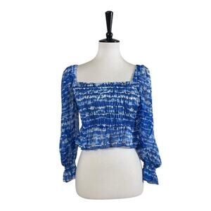 Zara New Top Square Neck Crop Smocked Chiffon Flare Sleeve Blue Women’s Size XS
